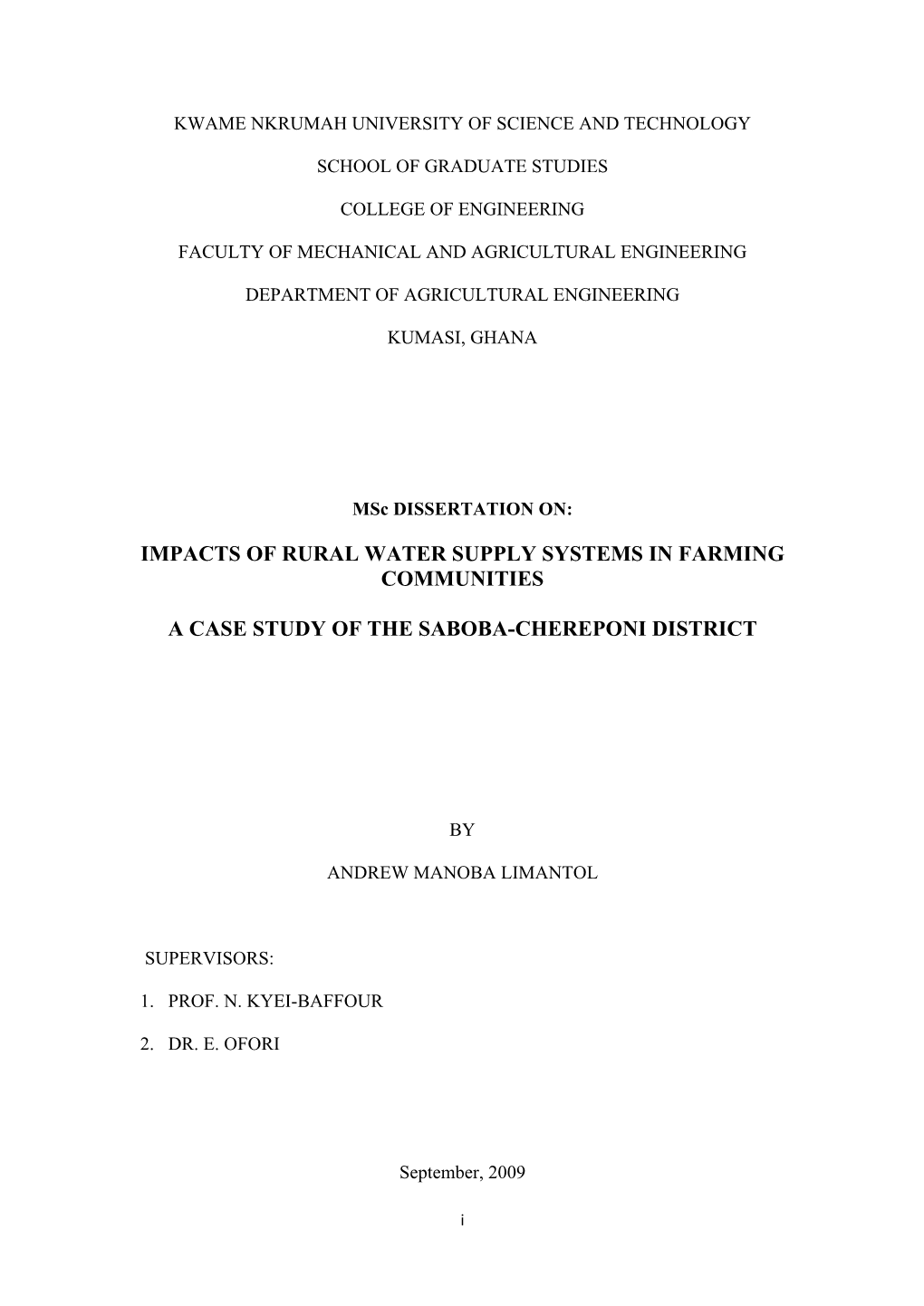 Impacts of Rural Water Supply Systems in Farming Communities a Case Study of the Saboba-Chereponi District