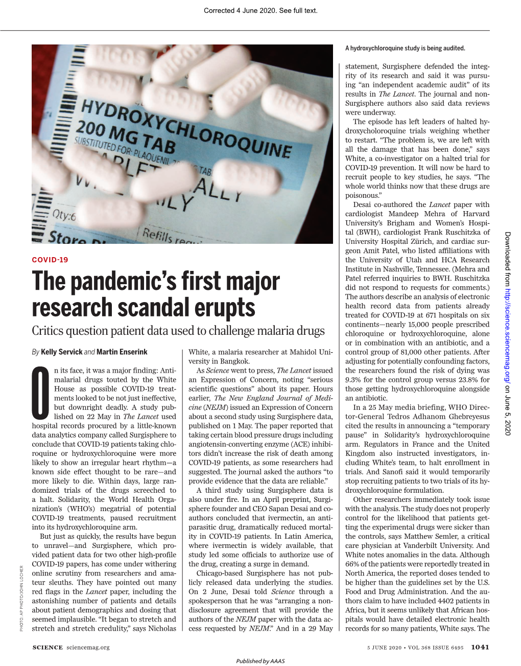 The Pandemic's First Major Research Scandal Erupts Kelly Servick and Martin Enserink