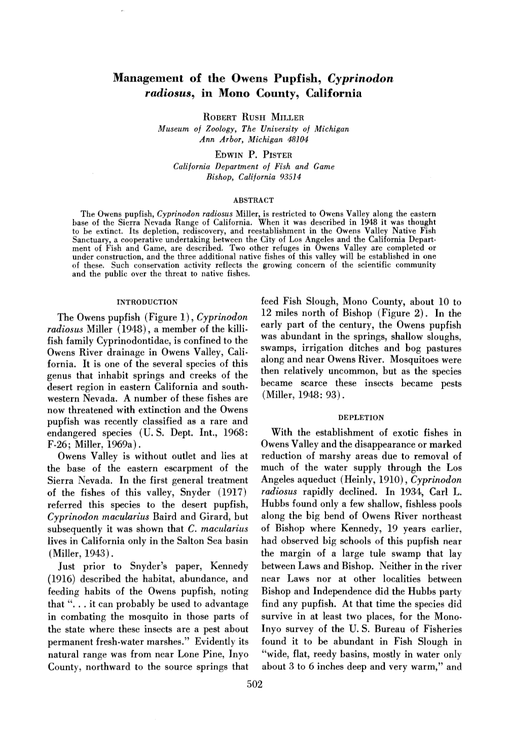 Management of the Owens Pupfish, Cyprinodon Radiosus, in Mono County, California