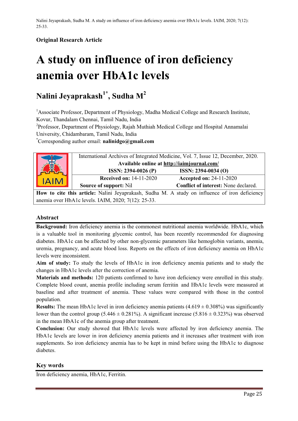 A Study on Influence of Iron Deficiency Anemia Over Hba1c Levels