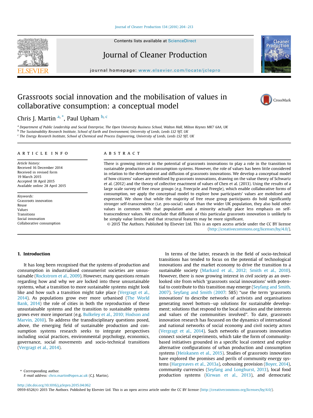 Grassroots Social Innovation and the Mobilisation of Values in Collaborative Consumption: a Conceptual Model