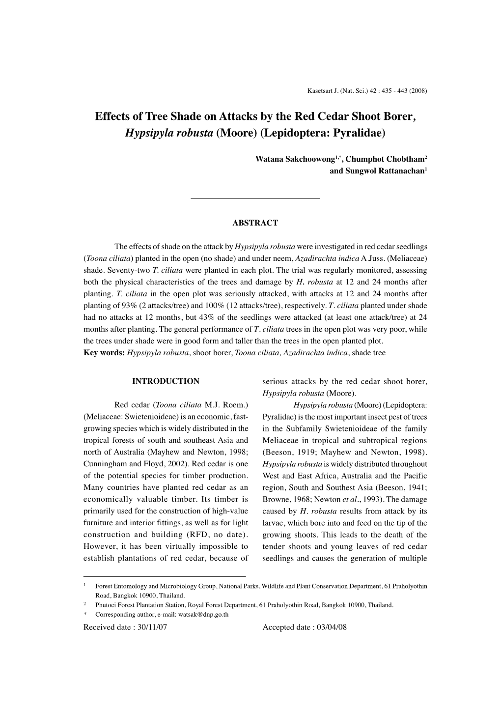 Effects of Tree Shade on Attacks by the Red Cedar Shoot Borer, Hypsipyla Robusta (Moore) (Lepidoptera: Pyralidae)