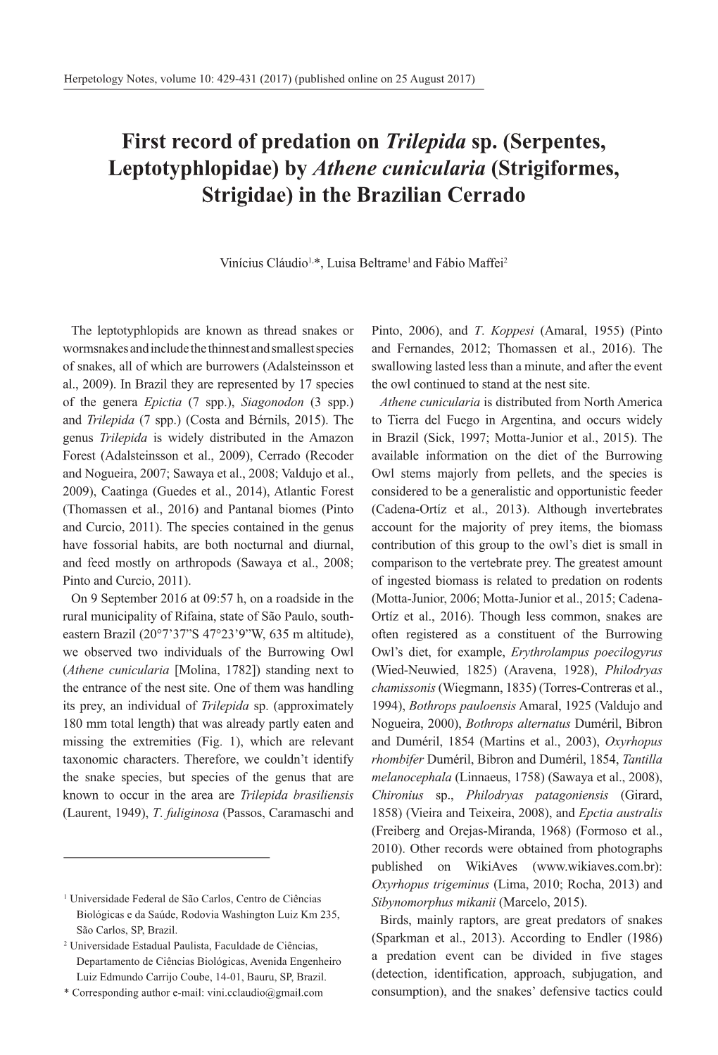 Serpentes, Leptotyphlopidae) by Athene Cunicularia (Strigiformes, Strigidae) in the Brazilian Cerrado