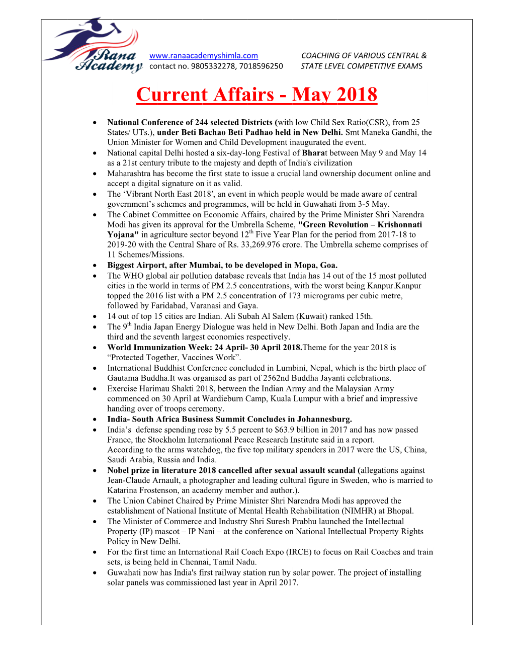 Urrent Affairs - May 2018