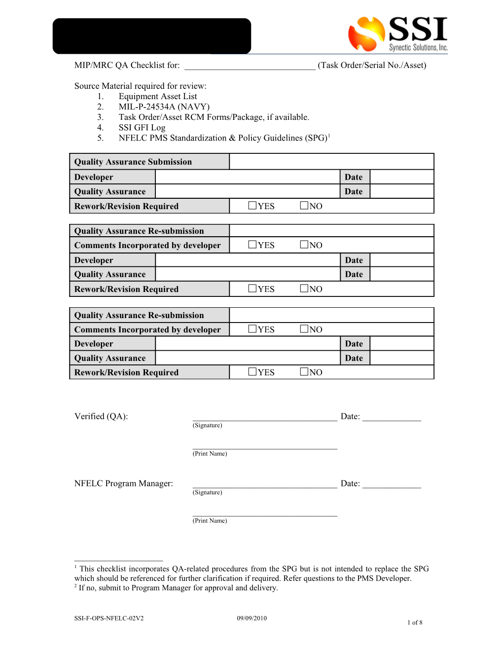 MIP/MRC QA Checklist For: ______(Task Order/Serial No./Asset)