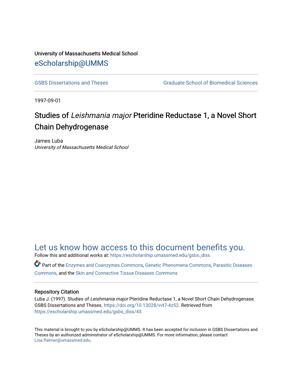 Studies of &lt;Em&gt;Leishmania Major&lt;/Em&gt; Pteridine Reductase 1