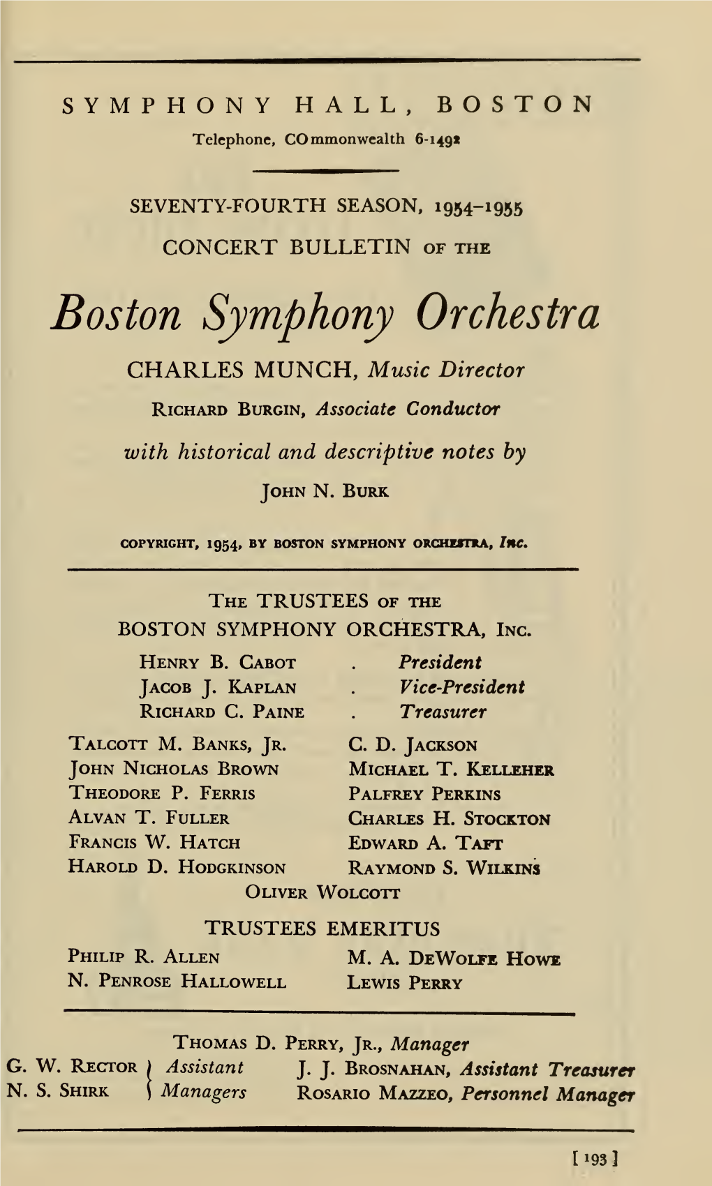 Boston Symphony Orchestra Concert Programs, Season 74, 1954-1955