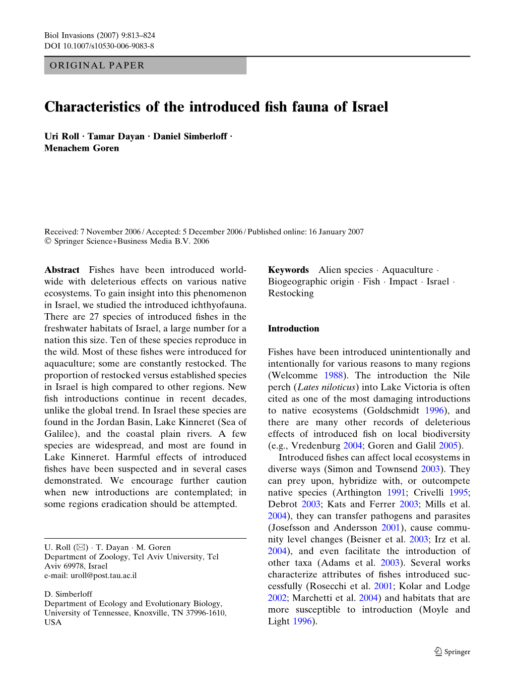 Characteristics of the Introduced Fish Fauna of Israel