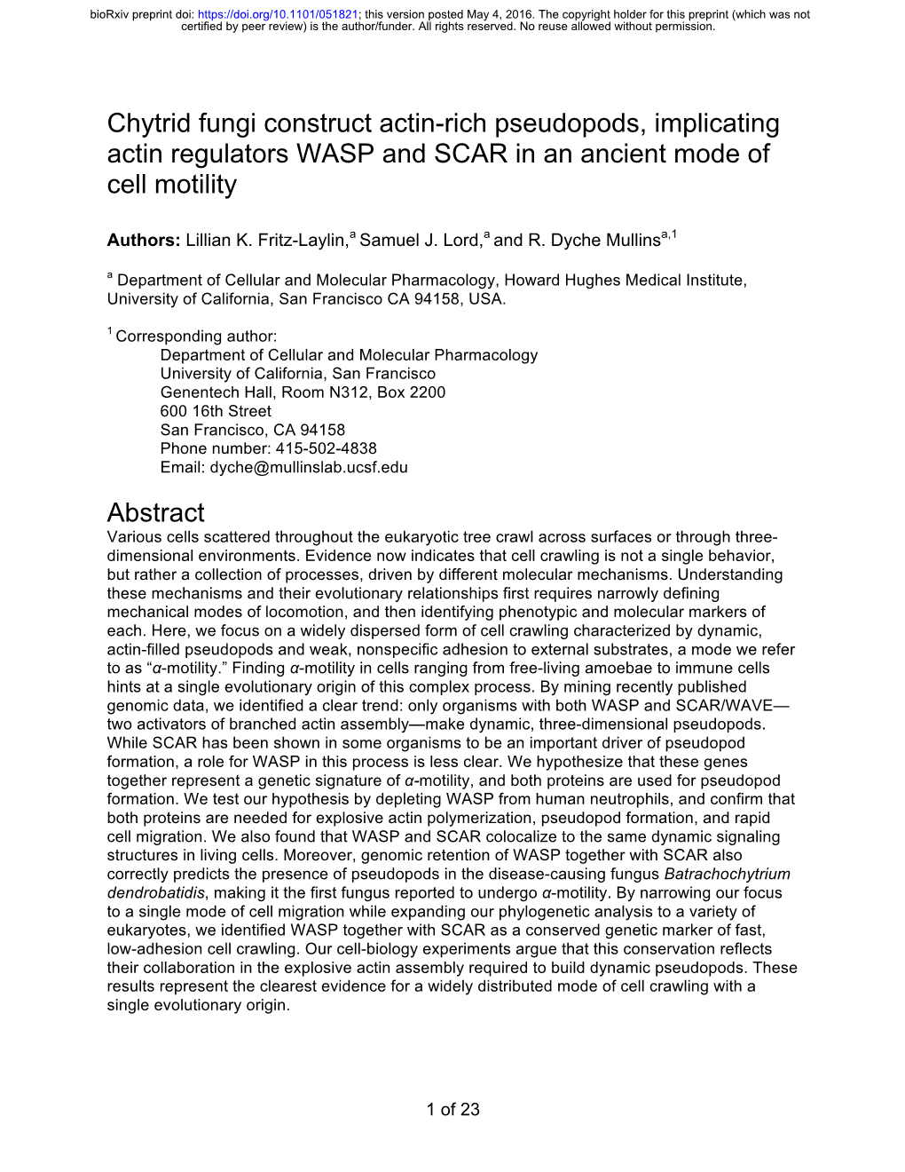 Chytrid Fungi Construct Actin-Rich Pseudopods, Implicating Actin Regulators WASP and SCAR in an Ancient Mode of Cell Motility