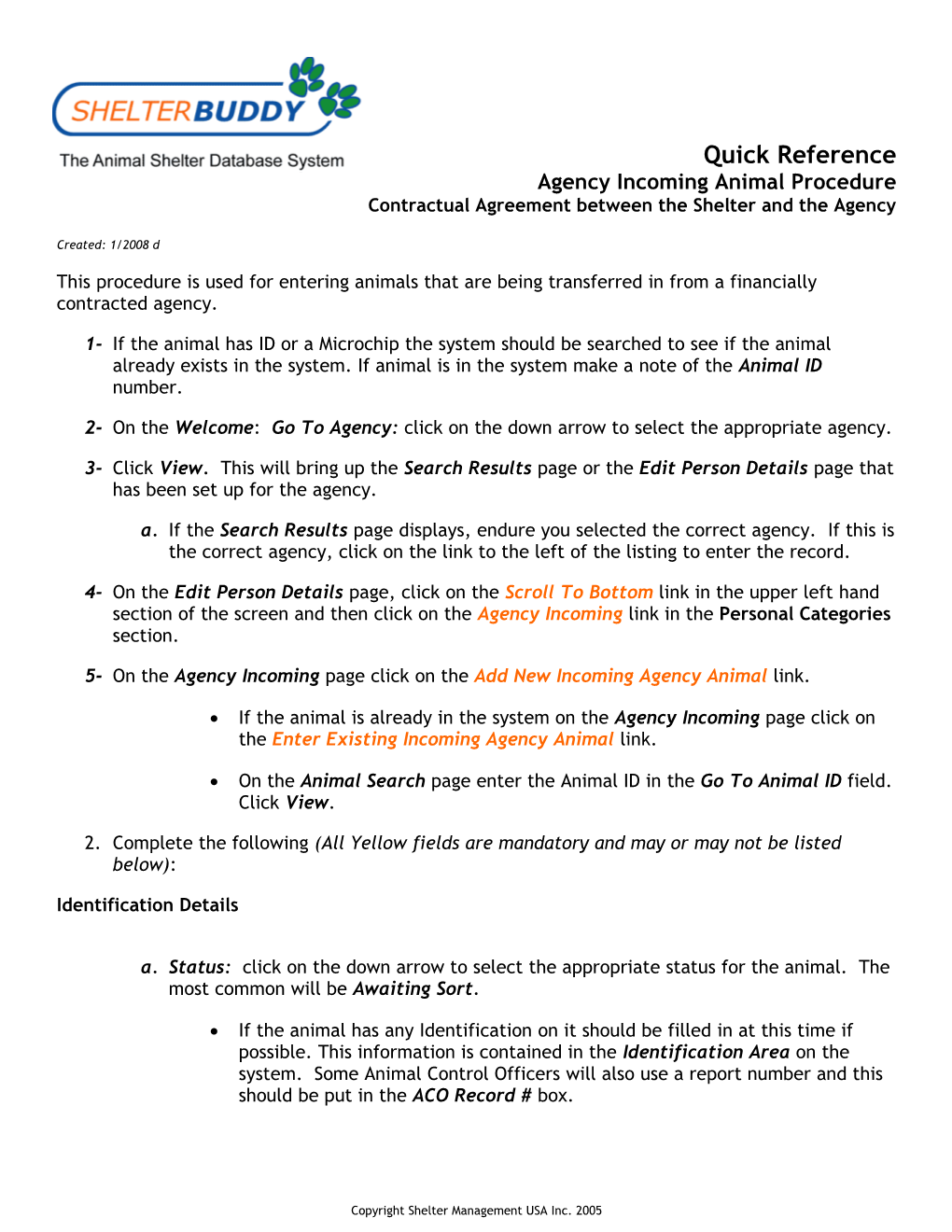 Contractual Agreement Between the Shelter and the Agency