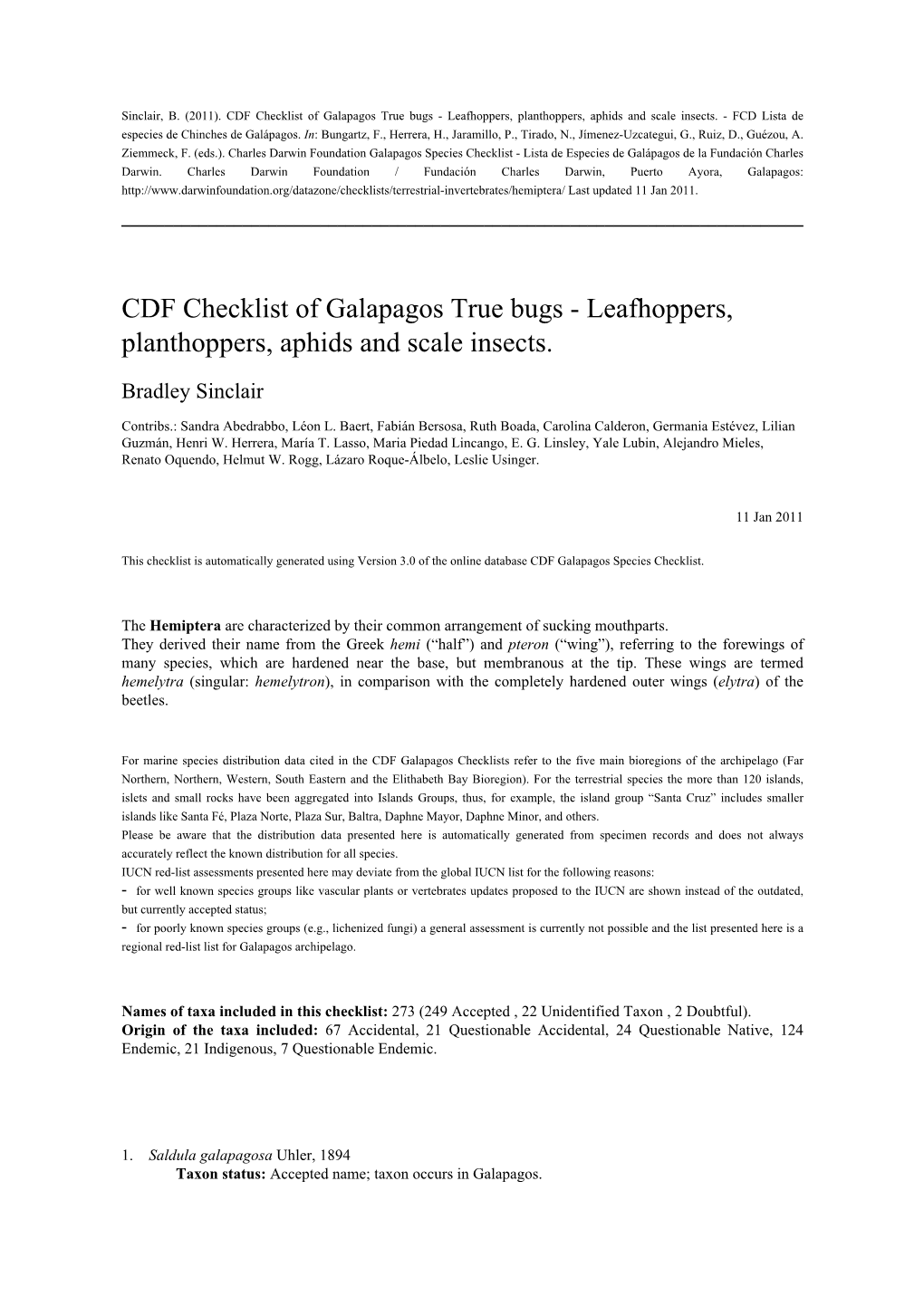 CDF Checklist of Galapagos True Bugs - Leafhoppers, Planthoppers, Aphids and Scale Insects