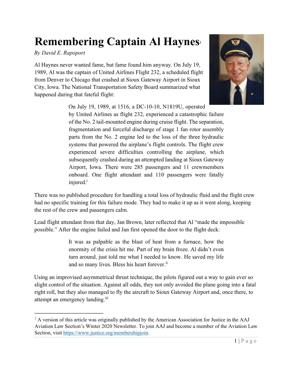 Remembering Captain Al Haynes1 by David E