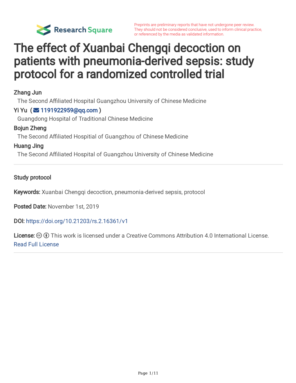 The Effect of Xuanbai Chengqi Decoction on Patients with Pneumonia-Derived Sepsis: Study Protocol for a Randomized Controlled Trial