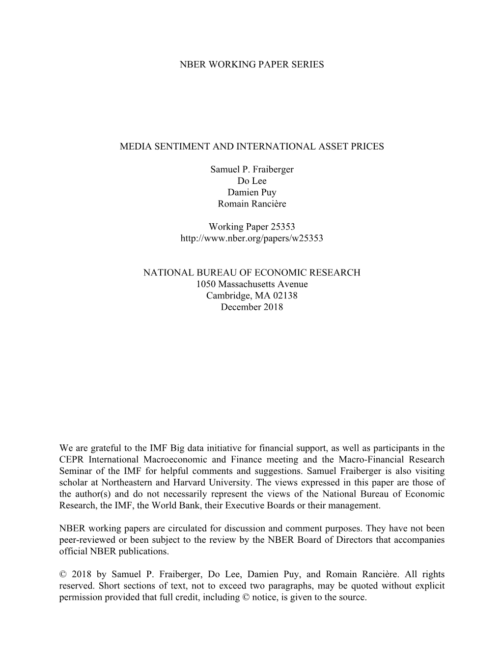 Nber Working Paper Series Media Sentiment And
