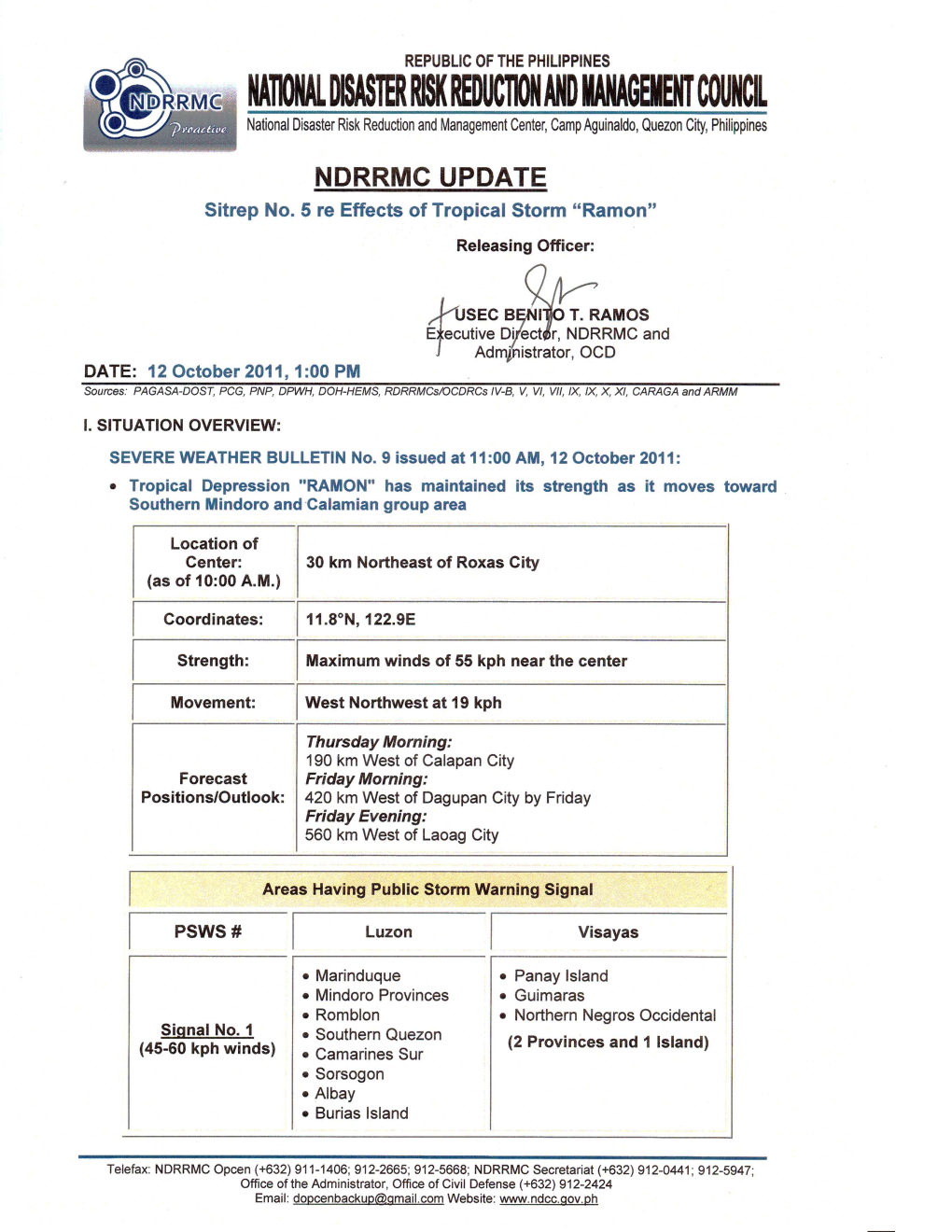 NDRRMC Update Sitrep No. 5 Re Effects of Tropical Storm RAMON