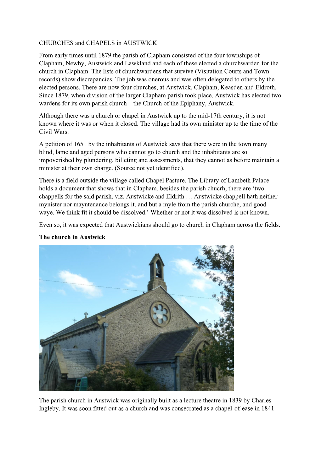 CHURCHES and CHAPELS in AUSTWICK from Early Times Until