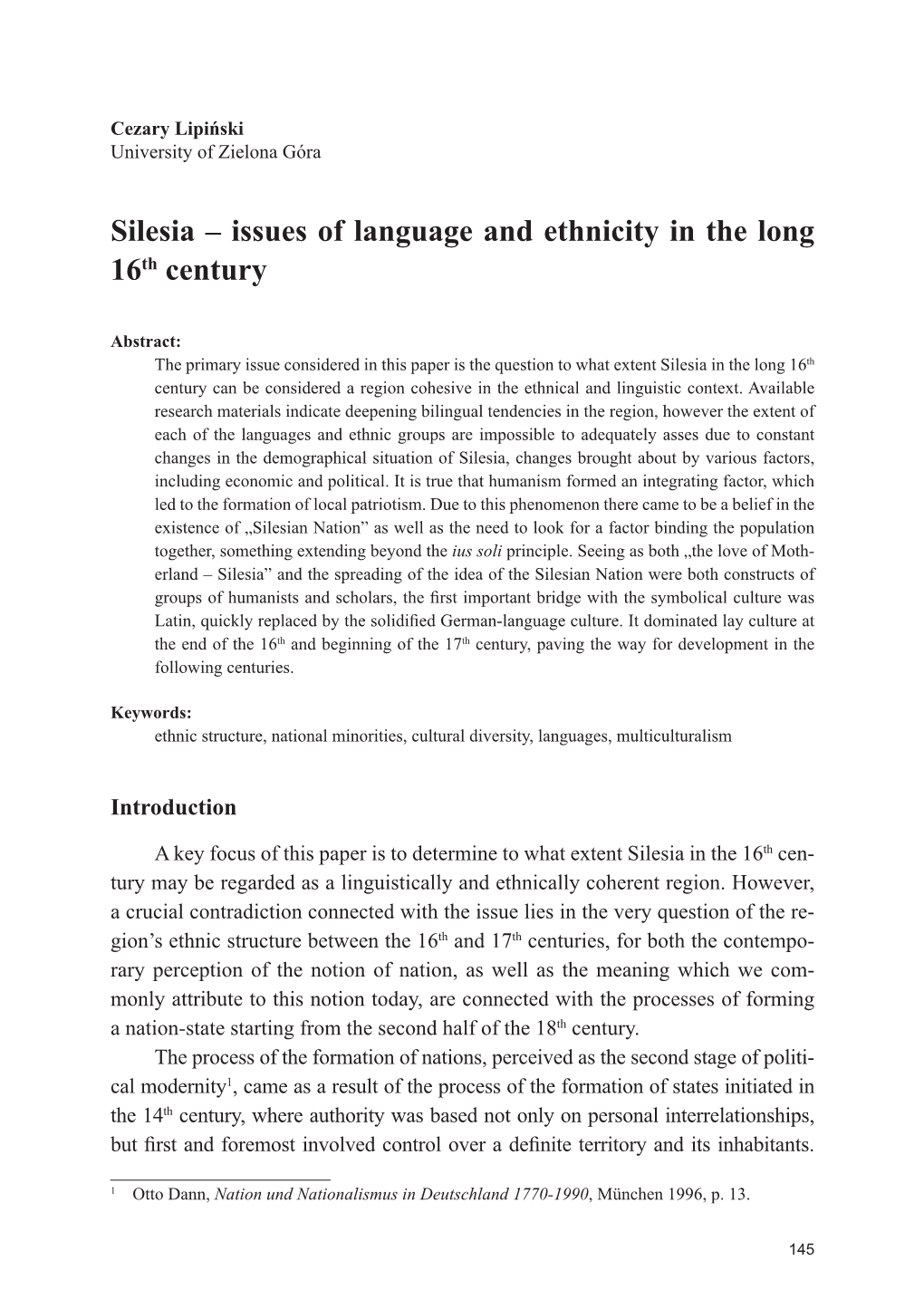 Silesia – Issues of Language and Ethnicity in the Long 16Th Century