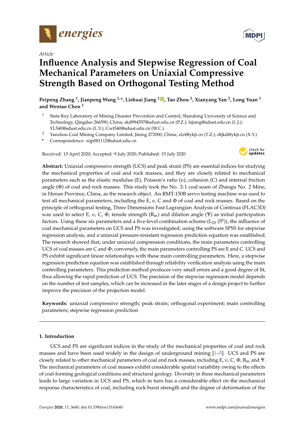 Influence Analysis and Stepwise Regression of Coal Mechanical