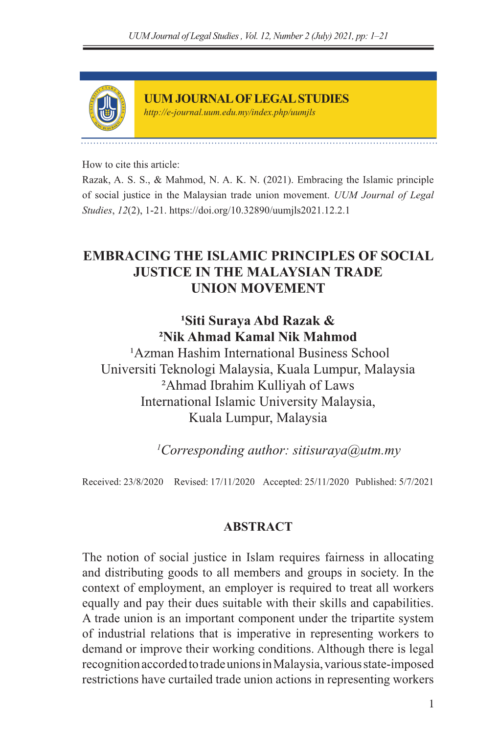 Embracing the Islamic Principles of Social Justice in the Malaysian Trade Union Movement