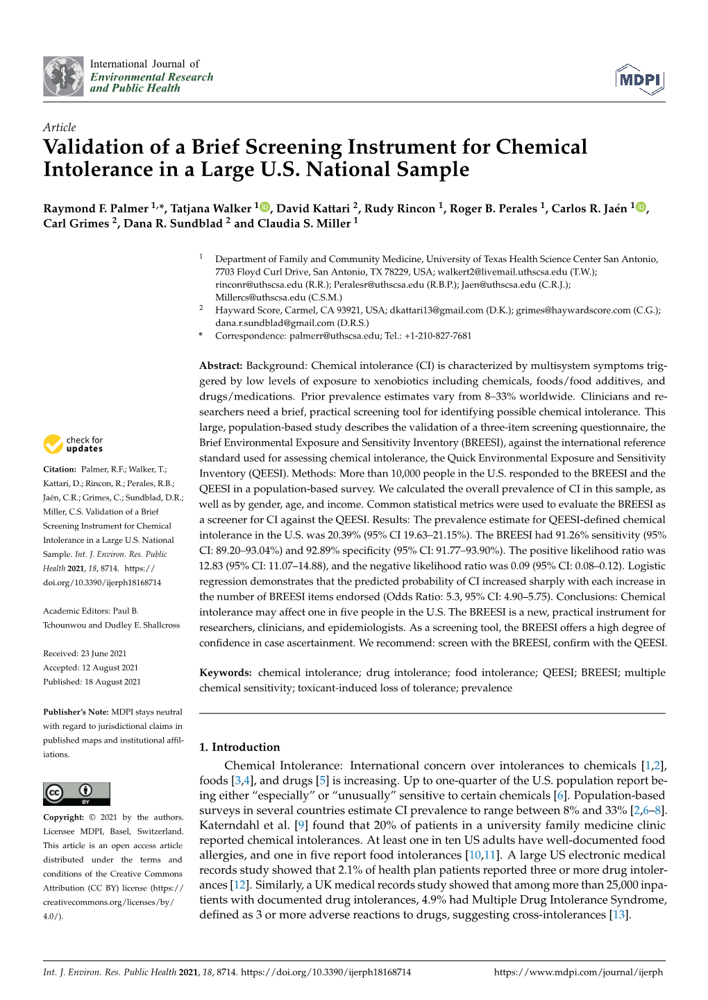 Validation of a Brief Screening Instrument for Chemical Intolerance in a Large U.S