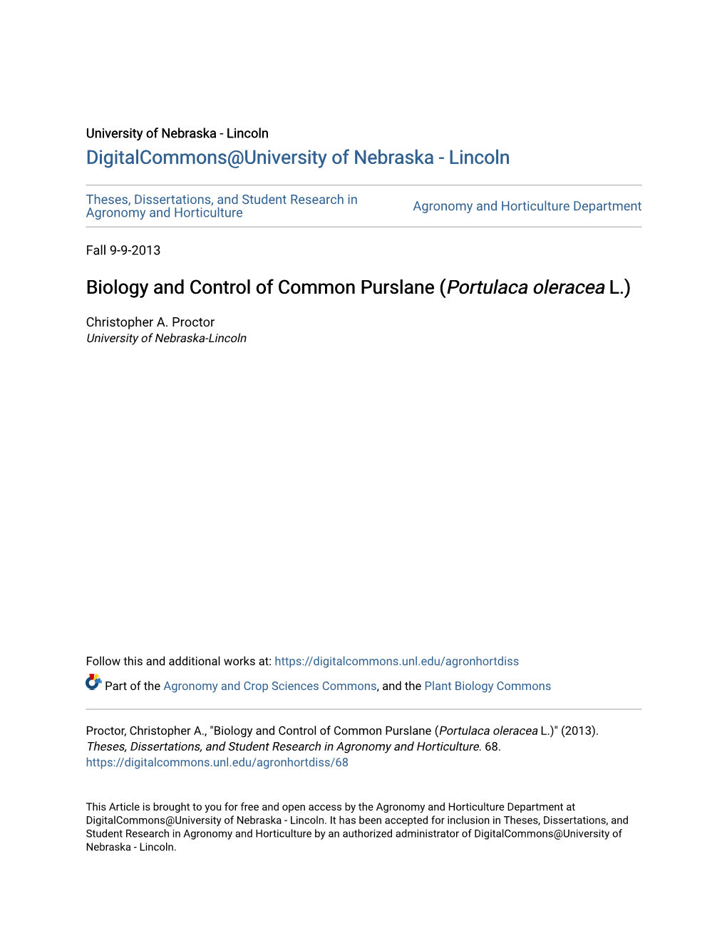 Biology and Control of Common Purslane (<I>Portulaca Oleracea</I>