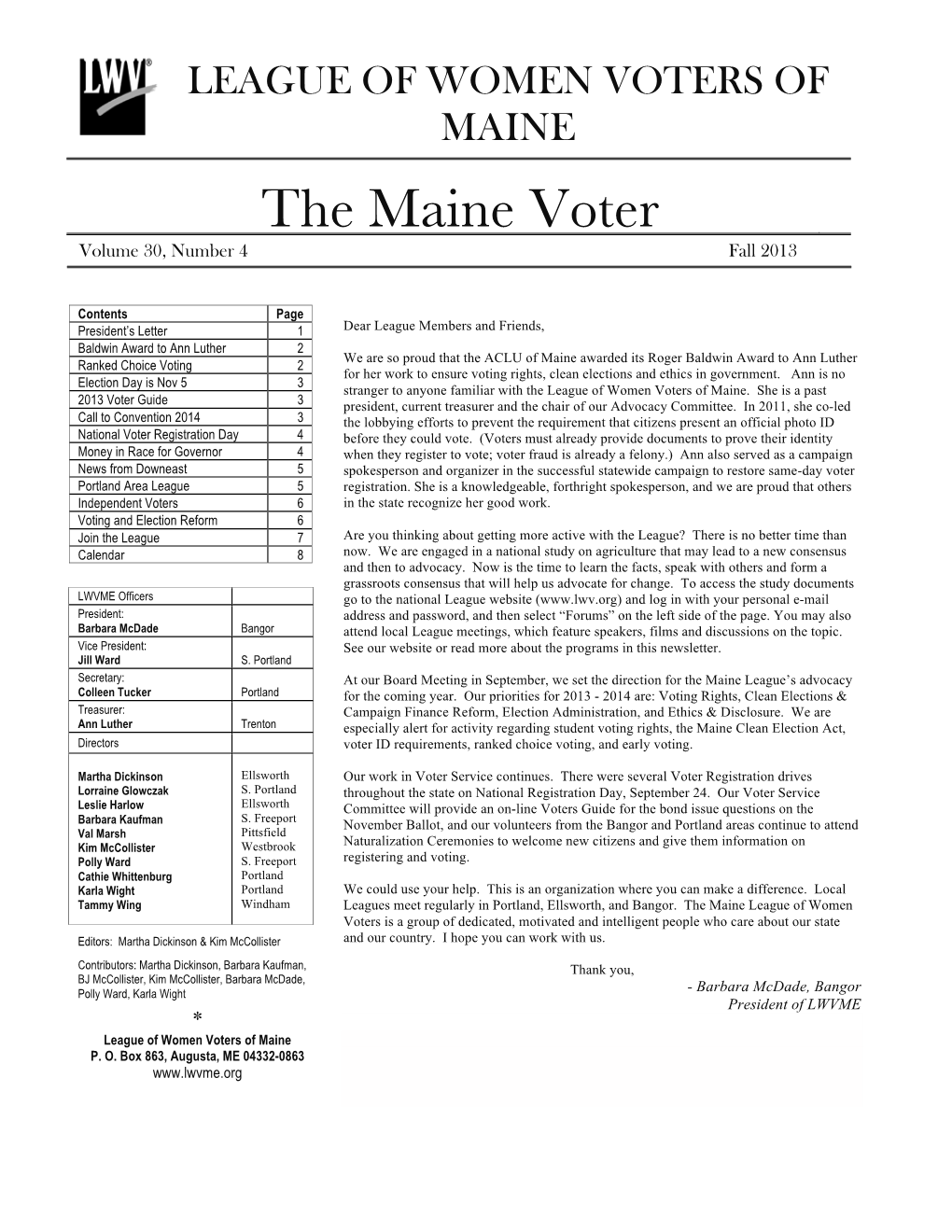 The Maine Voter Volume 30, Number 4 Fall 2013