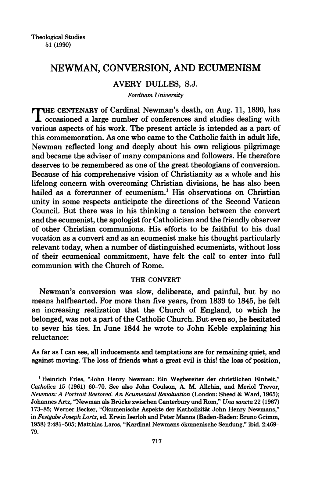 Newman, Conversion, and Ecumenism Avery Dulles, S.J