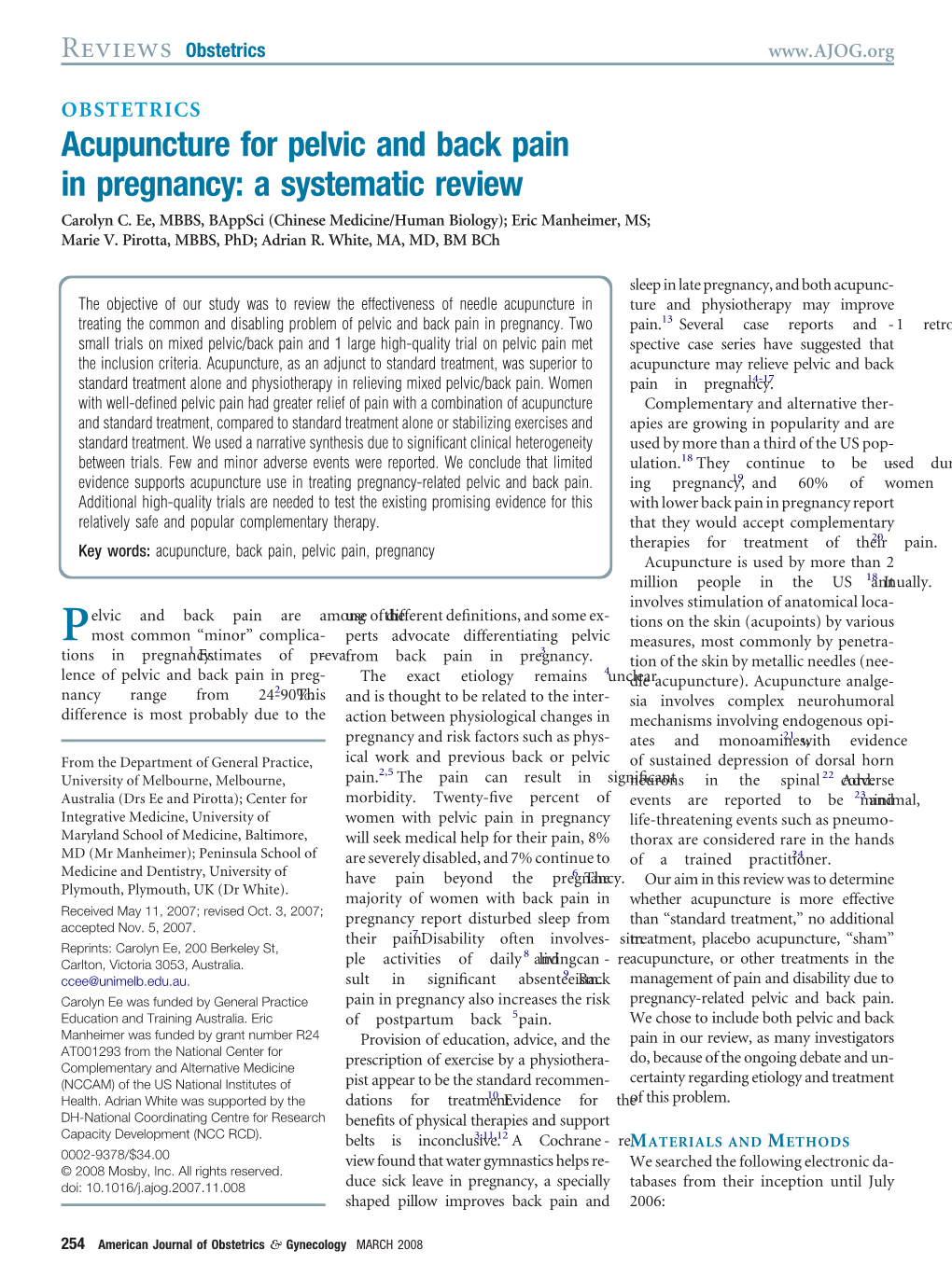 Acupuncture for Pelvic and Back Pain in Pregnancy: a Systematic Review Carolyn C