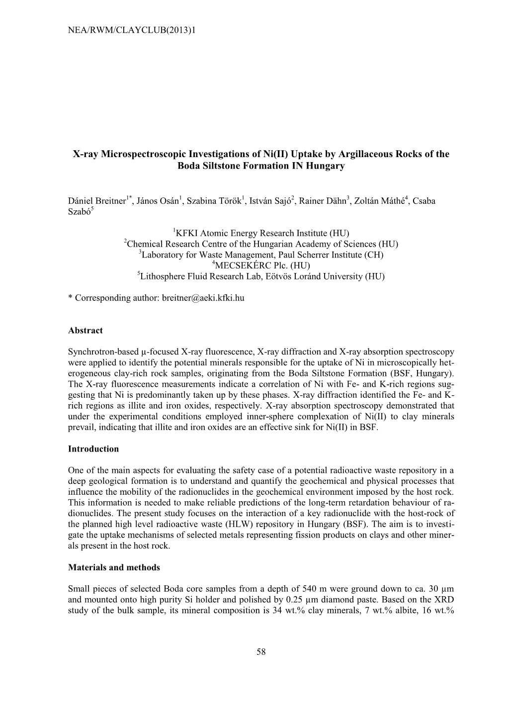 X-Ray Microspectroscopic Investigations of Ni(II) Uptake by Argillaceous Rocks of the Boda Siltstone Formation in Hungary