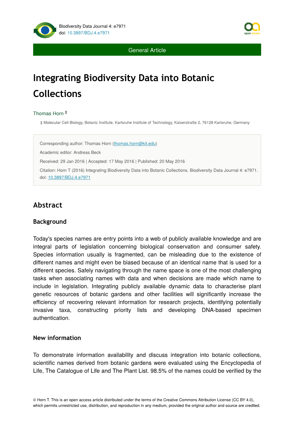 Integrating Biodiversity Data Into Botanic Collections