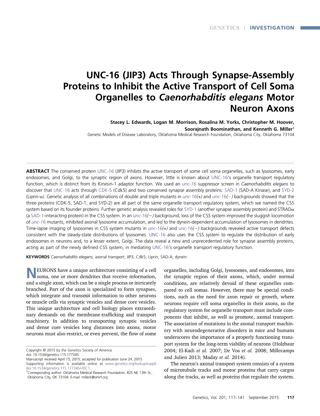 UNC-16 (JIP3) Acts Through Synapse-Assembly Proteins to Inhibit the Active Transport of Cell Soma Organelles to Caenorhabditis Elegans Motor Neuron Axons