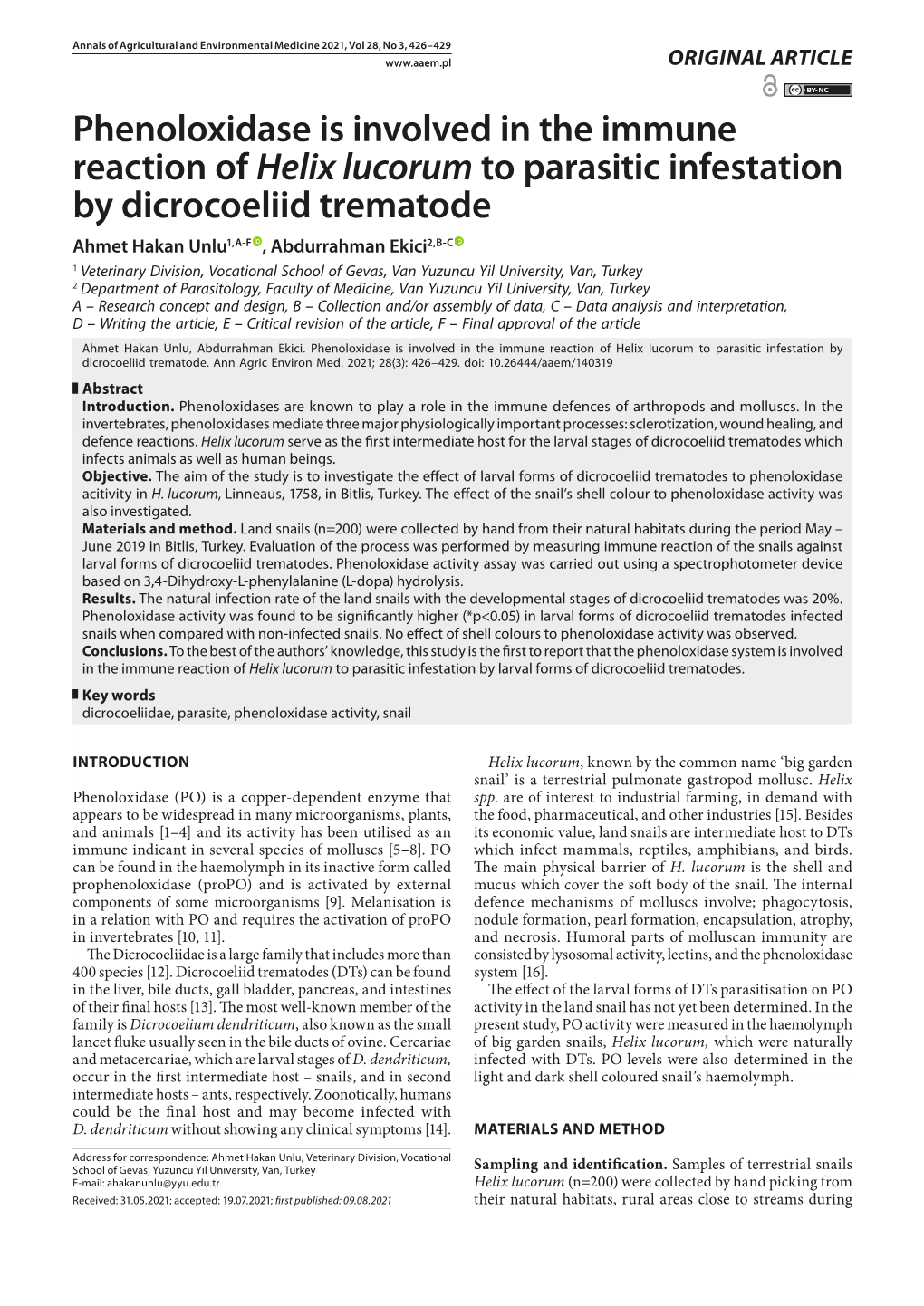 Phenoloxidase Is Involved in the Immune Reaction of Helix Lucorum to Parasitic Infestation by Dicrocoeliid Trematode