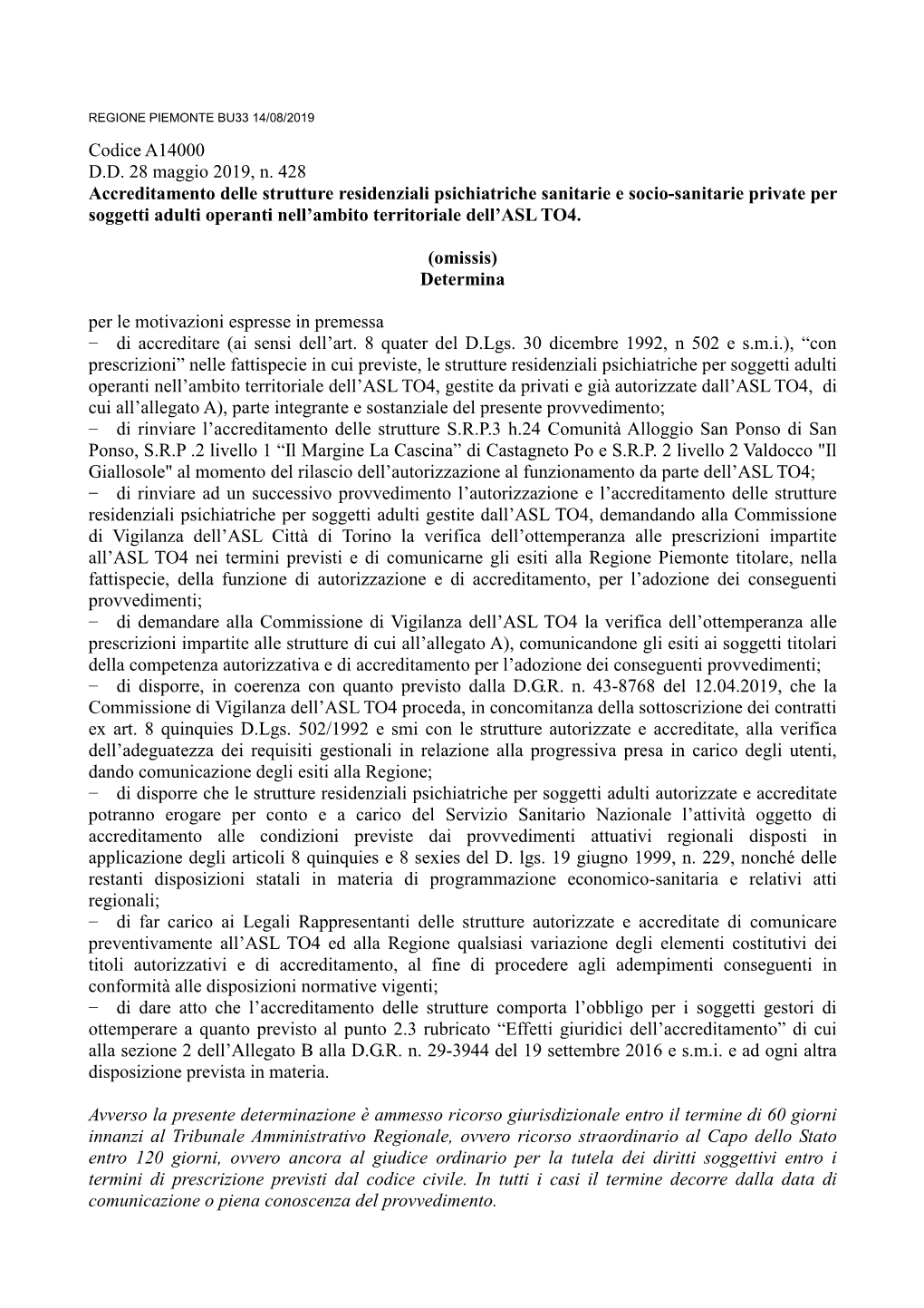 Codice A14000 D.D. 28 Maggio 2019, N. 428 Accreditamento Delle Strutture Residenziali Psichiatriche Sanitarie E Socio-Sanitarie