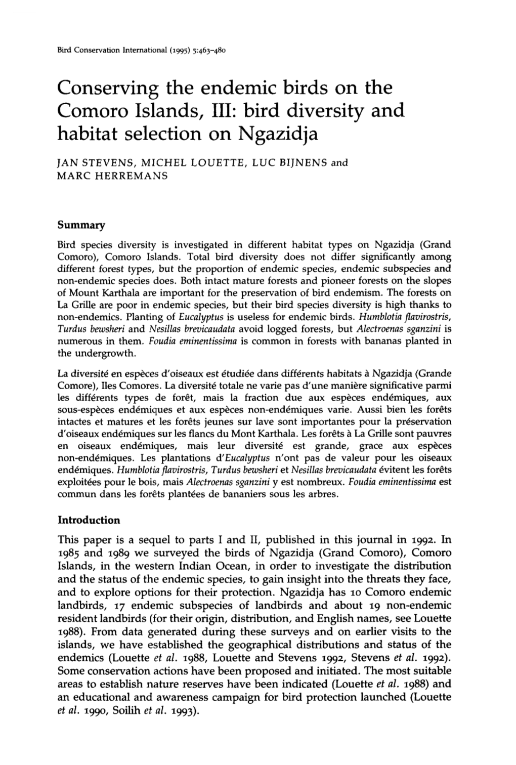 Conserving the Endemic Birds on the Comoro Islands, III: Bird Diversity and Habitat Selection on Ngazidja