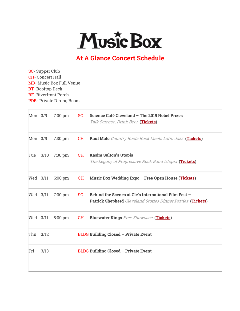 At a Glance Concert Schedule