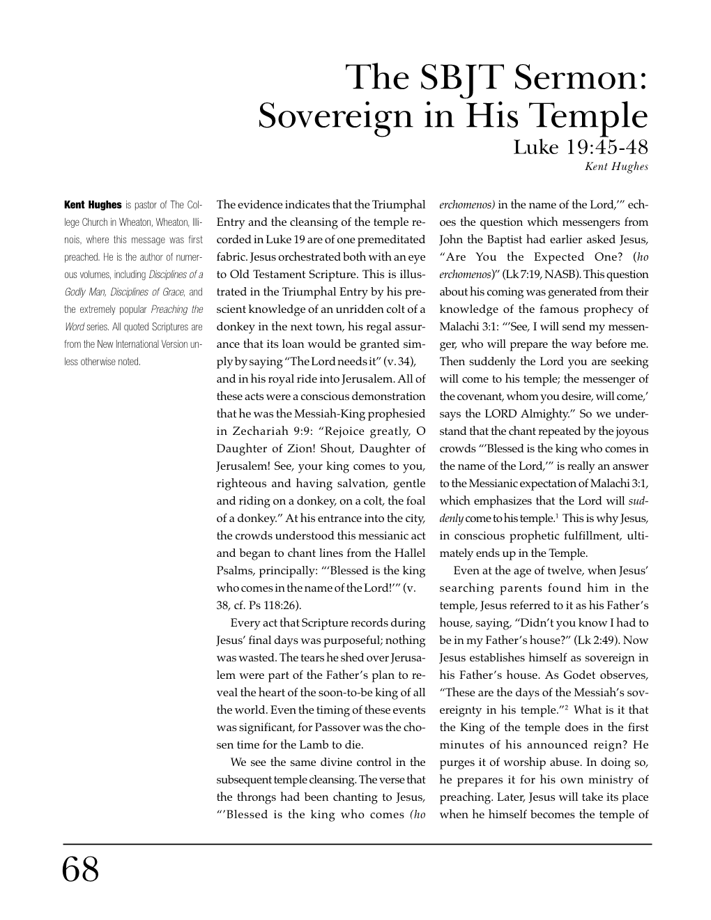 68 the SBJT Sermon: Sovereign in His Temple