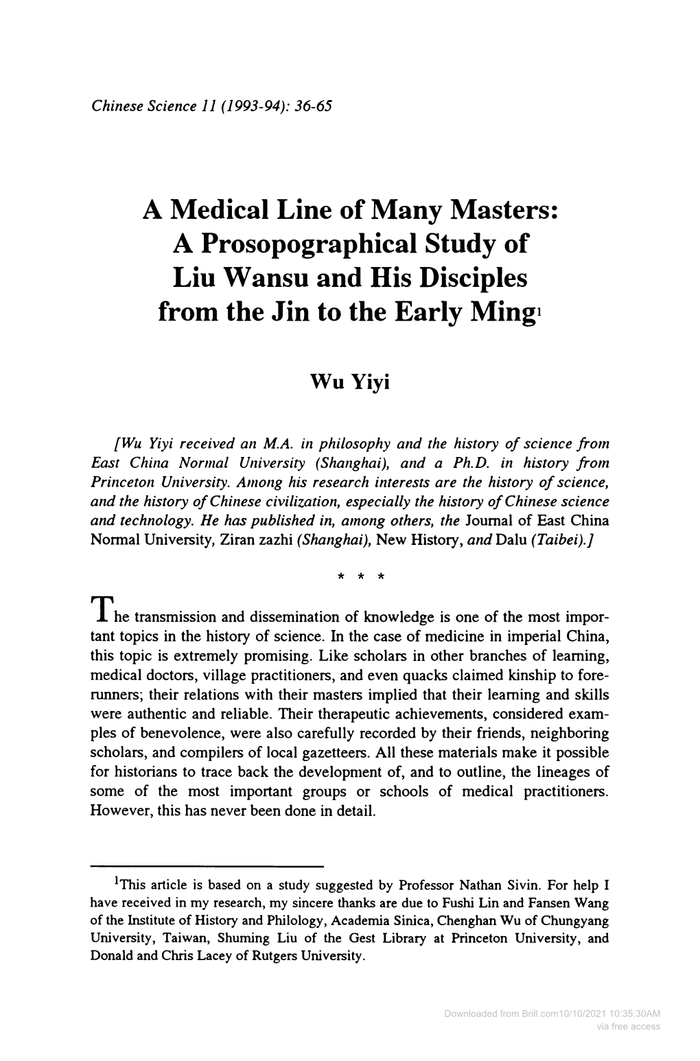 A Medical Line of Many Masters: a Prosopographical Study of Liu Wansu and His Disciples