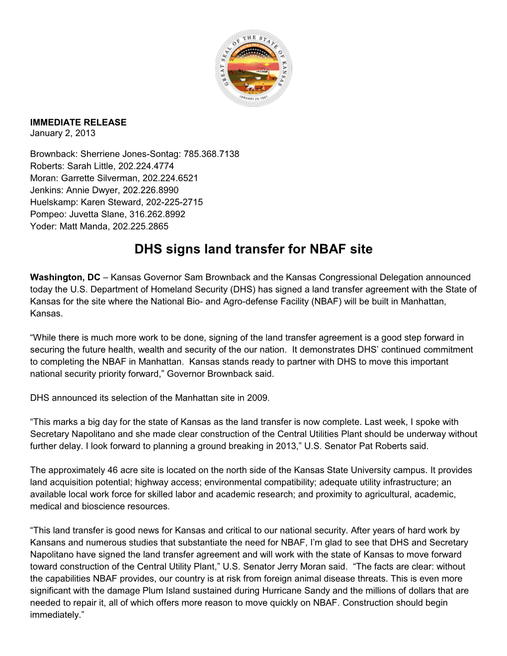 DHS Signs Land Transfer for NBAF Site