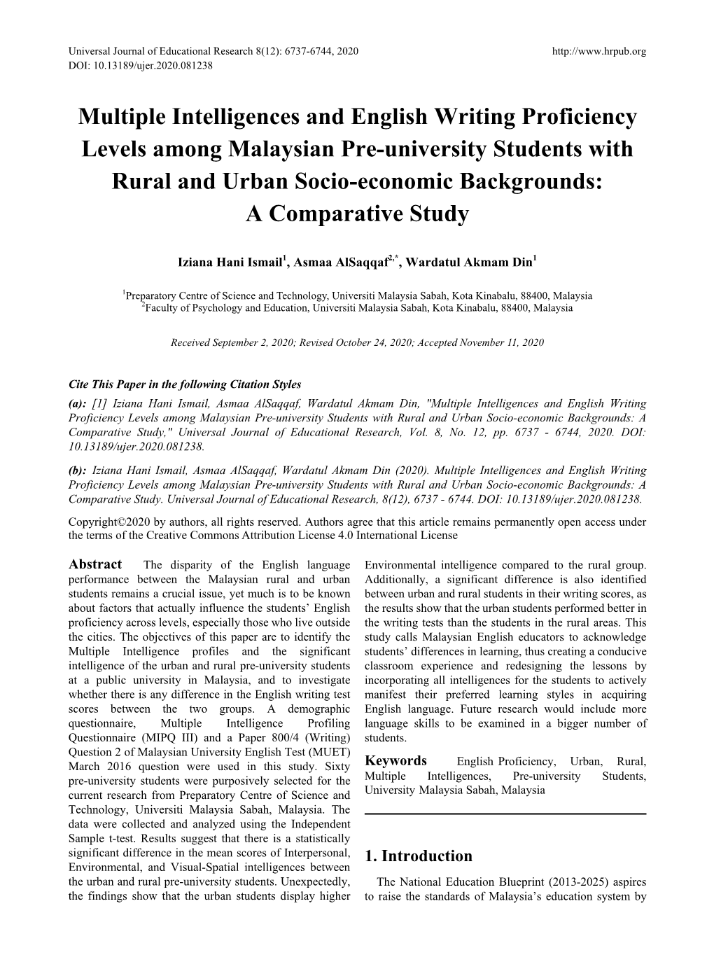 Multiple Intelligences and English Writing Proficiency Levels Among