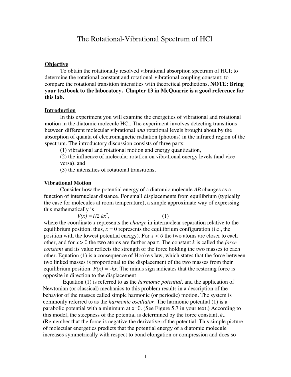 The Rotational-Vibrational Spectrum of Hcl