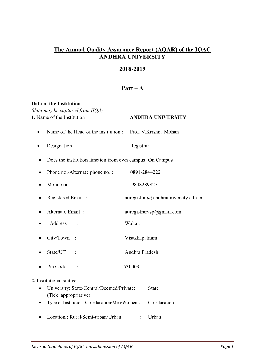 (AQAR) of the IQAC ANDHRA UNIVERSITY 2018-2019 Part