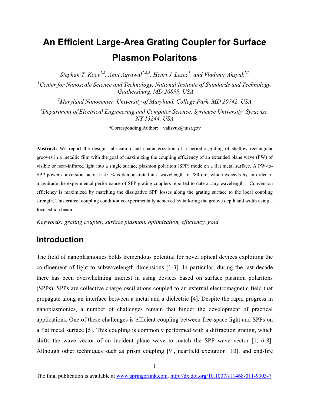 An Efficient Large-Area Grating Coupler for Surface Plasmon Polaritons