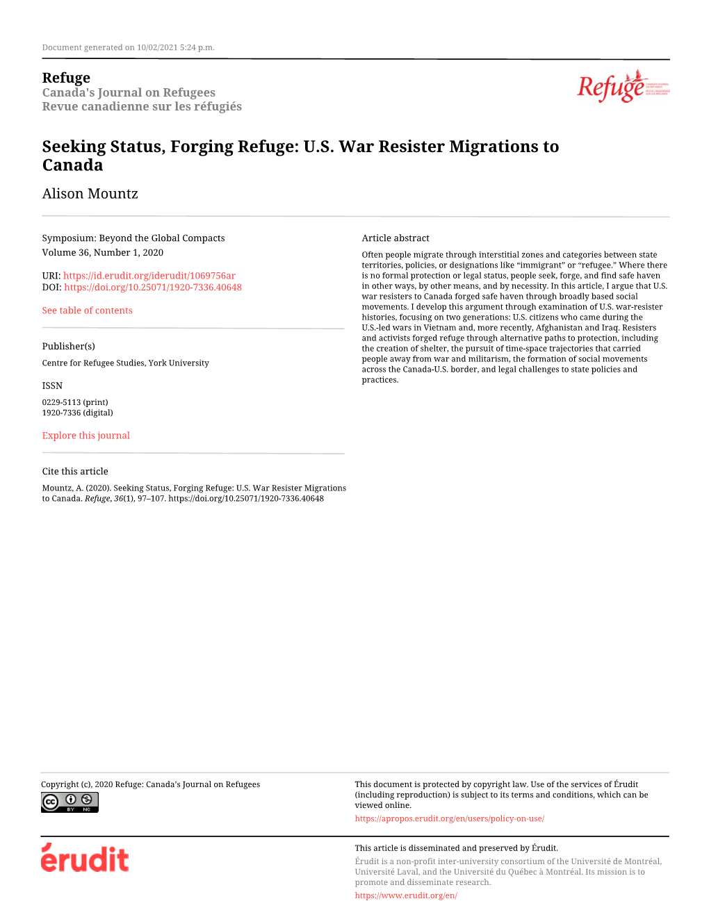 Seeking Status, Forging Refuge: U.S. War Resister Migrations to Canada Alison Mountz
