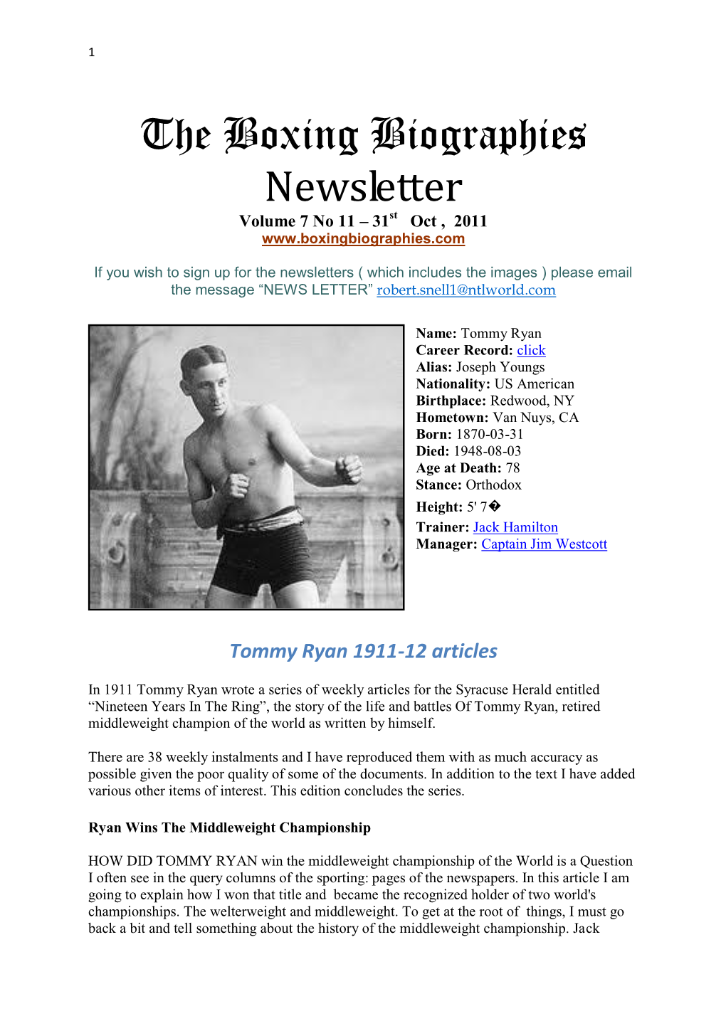 The Boxing Biographies Newsletter