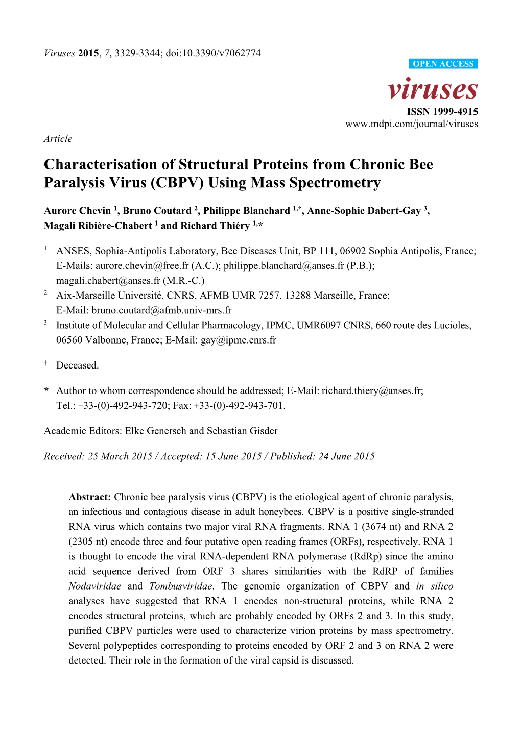 Characterisation of Structural Proteins from Chronic Bee Paralysis Virus (CBPV) Using Mass Spectrometry