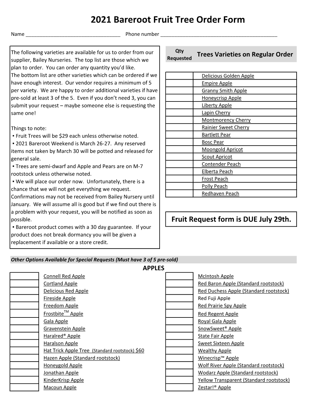 2021 Bareroot Fruit Tree Order Form