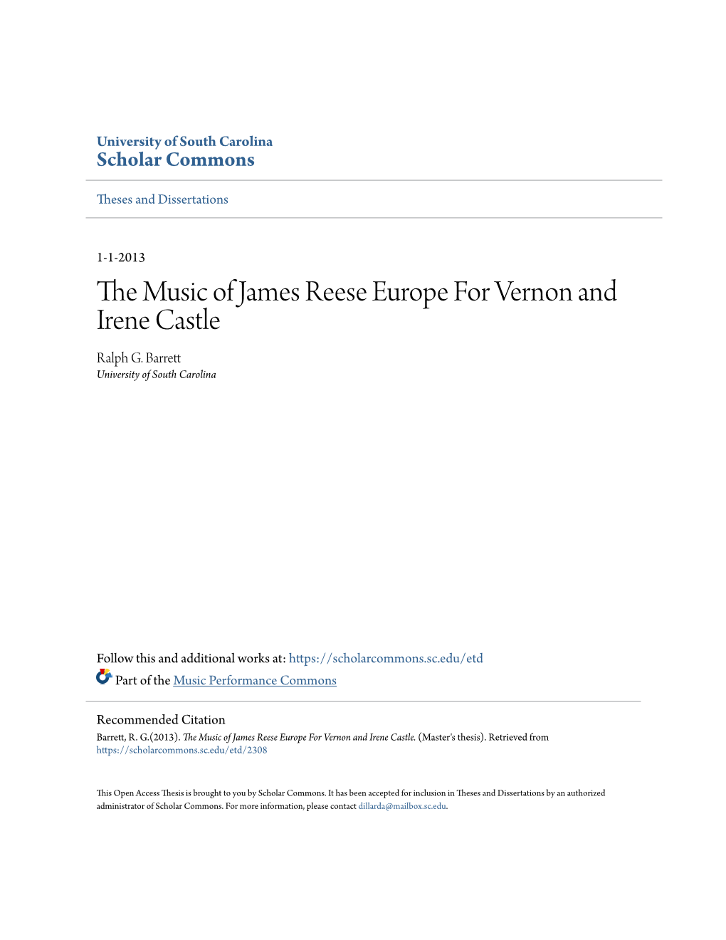 The Music of James Reese Europe for Vernon and Irene Castle