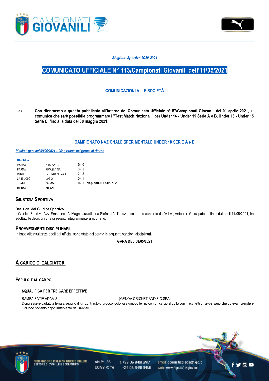 COMUNICATO UFFICIALE N° 113/Campionati Giovanili Dell'11/05