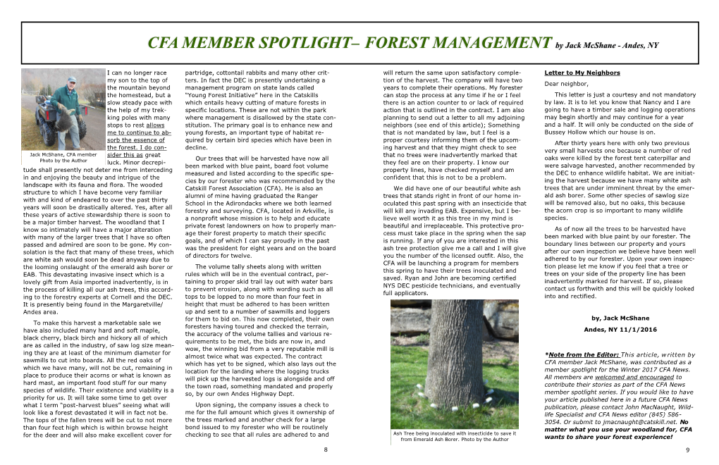 CFA MEMBER SPOTLIGHT— FOREST MANAGEMENT by Jack Mcshane - Andes, NY