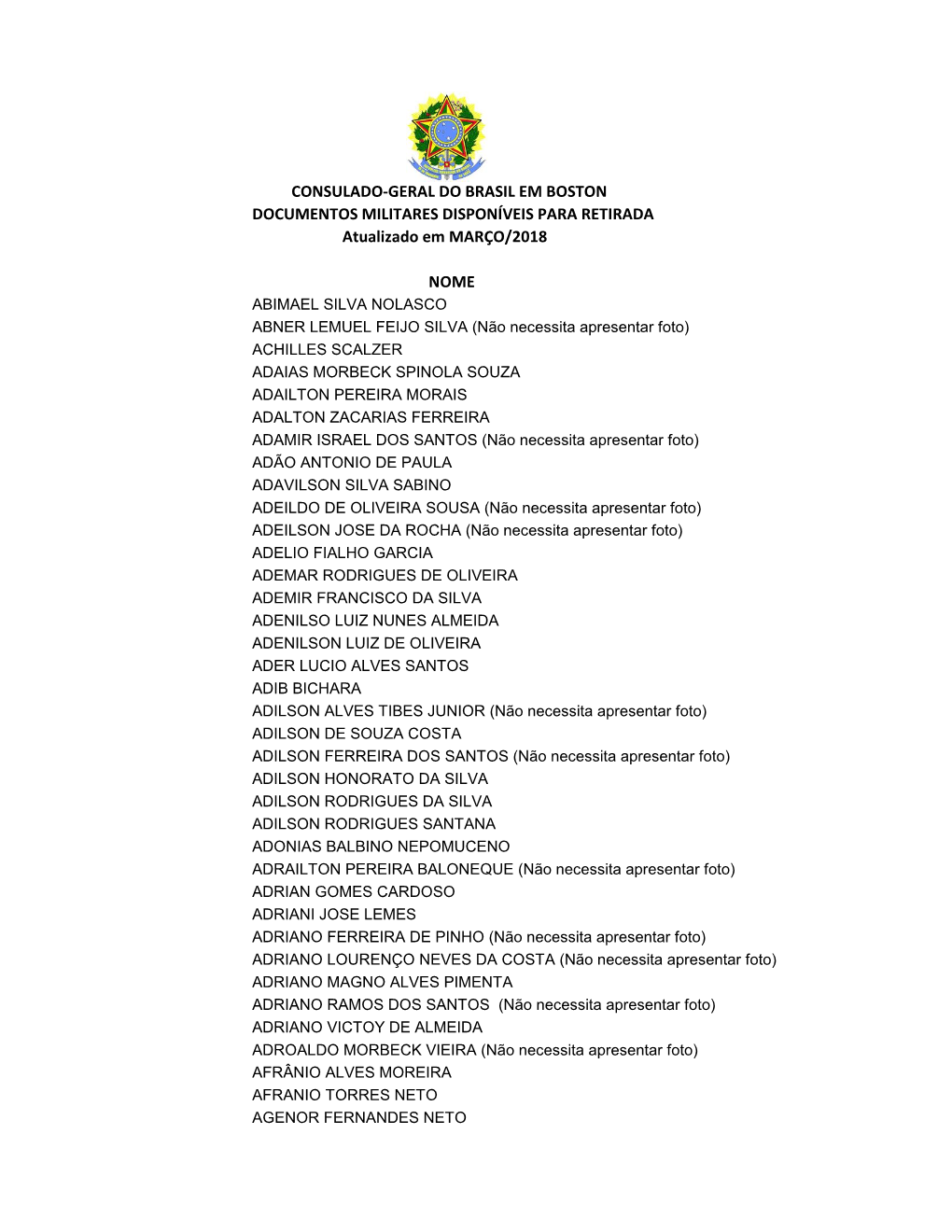 CONSULADO-GERAL DO BRASIL EM BOSTON DOCUMENTOS MILITARES DISPONÍVEIS PARA RETIRADA Atualizado Em MARÇO/2018 NOME